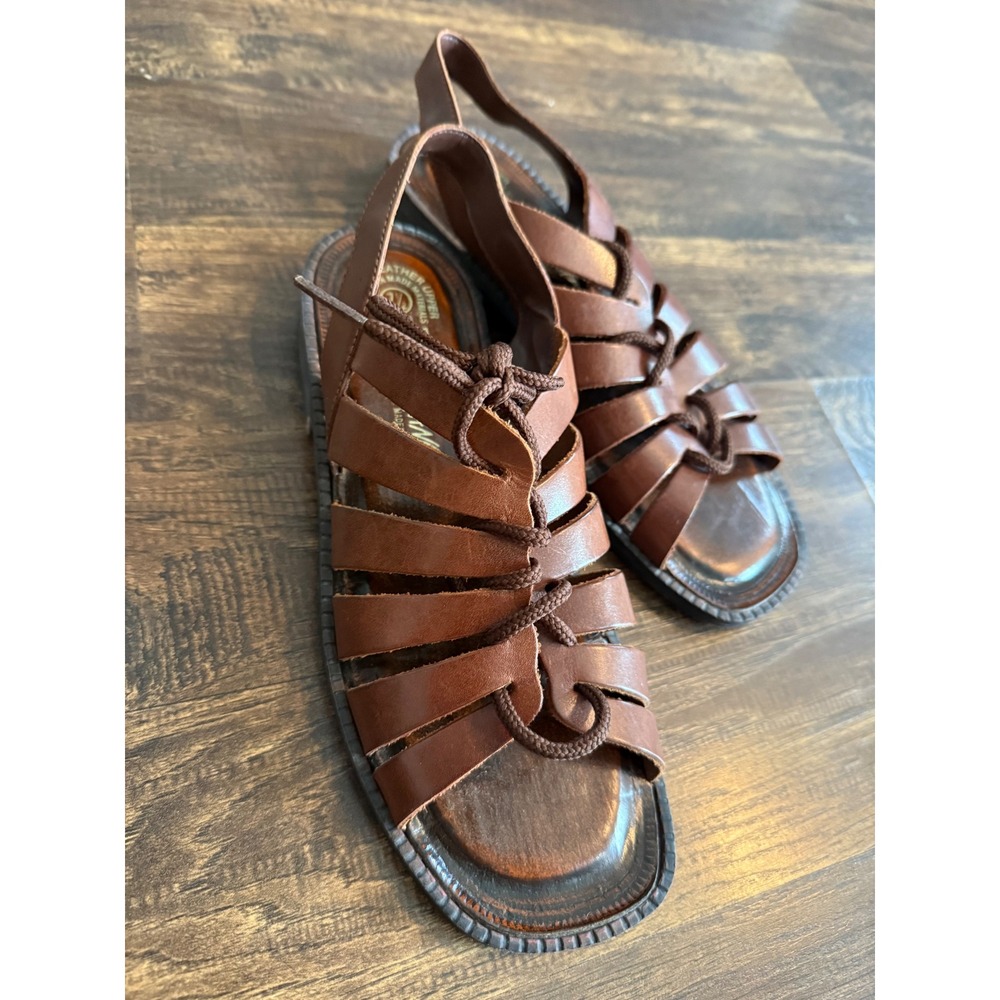Romano Leather Gladiator Lace Up Sandals boho square toe Womens Size 7.5 Brown‎